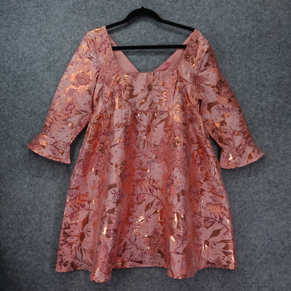 Eva Franco Floral Metallic Babydoll Mini Dress S Pink Coquette Bow Back Cocktail